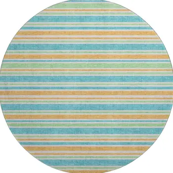 8' Teal And Orange Striped Washable Round Rug With UV Protection