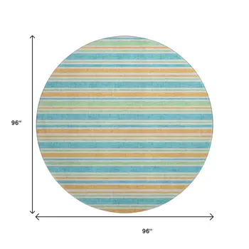 8' Teal And Orange Striped Washable Round Rug With UV Protection
