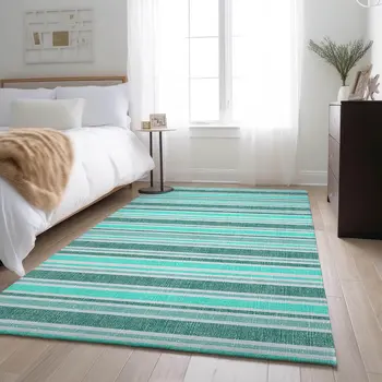 5' X 8' Turquoise And Ivory Striped Washable Area Rug With UV Protection