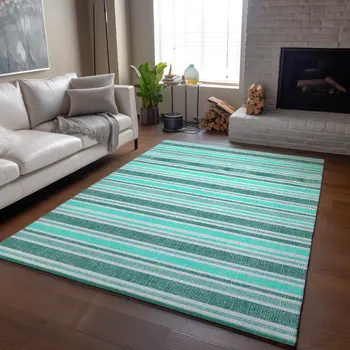 5' X 8' Turquoise And Ivory Striped Washable Area Rug With UV Protection