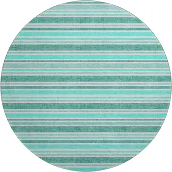 8' Turquoise And Ivory Striped Washable Round Rug With UV Protection