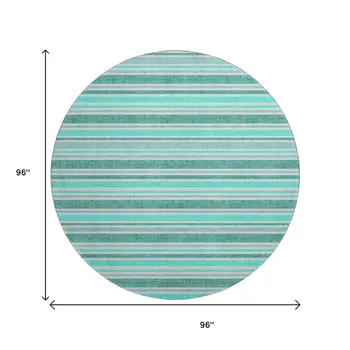 8' Turquoise And Ivory Striped Washable Round Rug With UV Protection