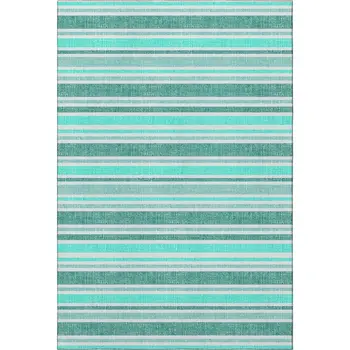 8' X 10' Turquoise And Ivory Striped Washable Area Rug With UV Protection
