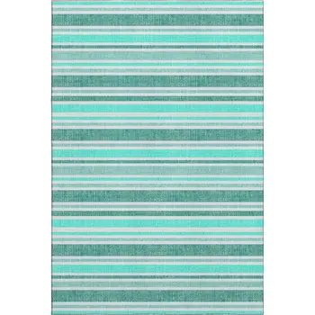 9' X 12' Turquoise And Ivory Striped Washable Area Rug With UV Protection