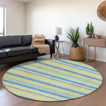 8' Yellow And Blue Striped Washable Round Rug With UV Protection