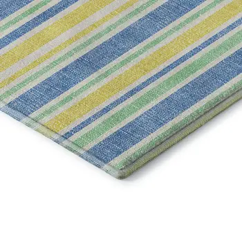 8' Yellow And Blue Striped Washable Round Rug With UV Protection