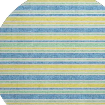 8' Yellow And Blue Striped Washable Round Rug With UV Protection