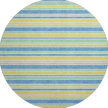 8' Yellow And Blue Striped Washable Round Rug With UV Protection