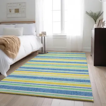 9' X 12' Yellow And Blue Striped Washable Area Rug With UV Protection