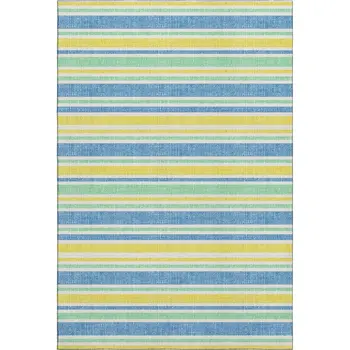 9' X 12' Yellow And Blue Striped Washable Area Rug With UV Protection