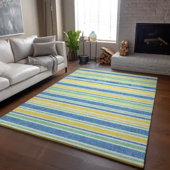 9' X 12' Yellow And Blue Striped Washable Area Rug With UV Protection