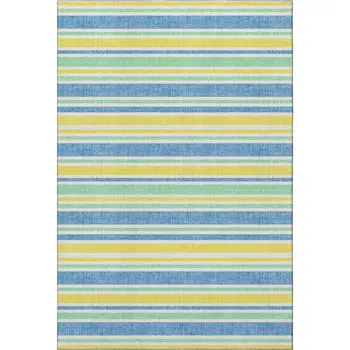 9' X 12' Yellow And Blue Striped Washable Area Rug With UV Protection