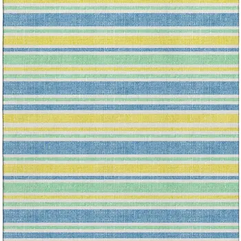 10' X 14' Yellow And Blue Striped Washable Area Rug With UV Protection