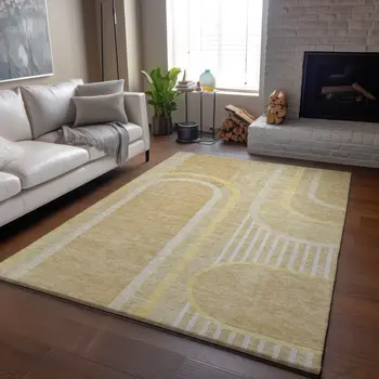 3' X 5' Beige And Gold Geometric Washable Area Rug With UV Protection
