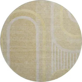8' Beige And Gold Geometric Washable Round Rug With UV Protection