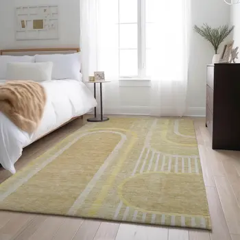 8' X 10' Beige And Gold Geometric Washable Area Rug With UV Protection