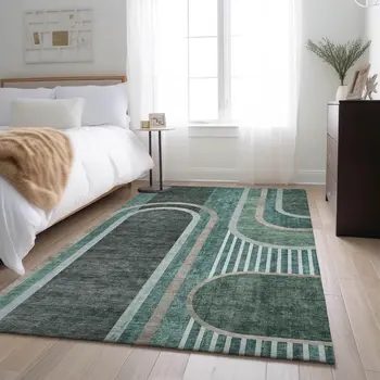 3' X 5' Emerald And Gray Geometric Washable Area Rug With UV Protection