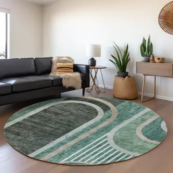 8' Emerald And Gray Geometric Washable Round Rug With UV Protection