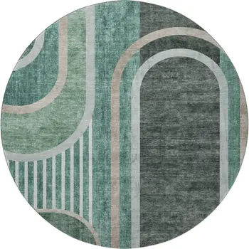 8' Emerald And Gray Geometric Washable Round Rug With UV Protection