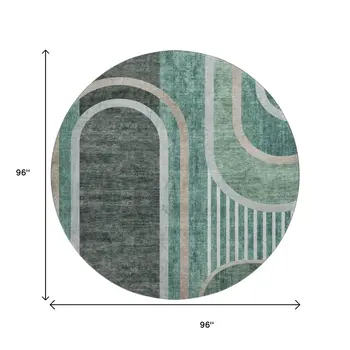 8' Emerald And Gray Geometric Washable Round Rug With UV Protection