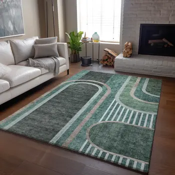9' X 12' Emerald And Gray Geometric Washable Area Rug With UV Protection