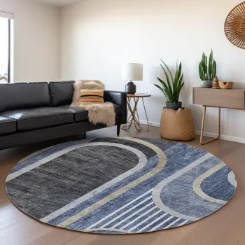 8' Navy Blue And Khaki Geometric Washable Round Rug With UV Protection