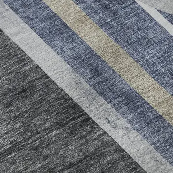 8' Navy Blue And Khaki Geometric Washable Round Rug With UV Protection