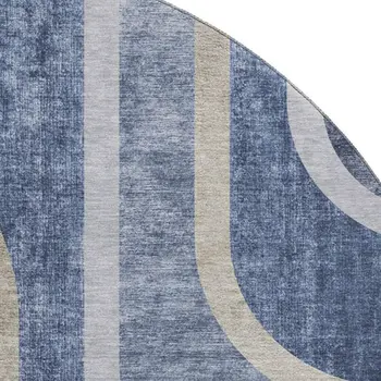 8' Navy Blue And Khaki Geometric Washable Round Rug With UV Protection