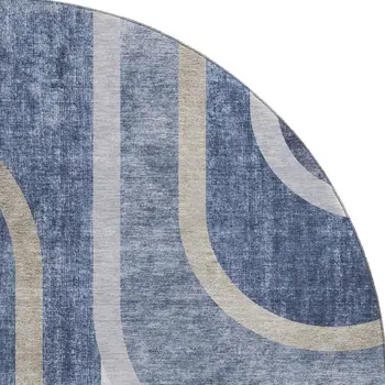 8' Navy Blue And Khaki Geometric Washable Round Rug With UV Protection