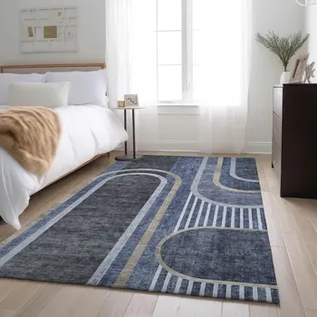 8' X 10' Navy Blue And Khaki Geometric Washable Area Rug With UV Protection