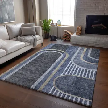 8' X 10' Navy Blue And Khaki Geometric Washable Area Rug With UV Protection