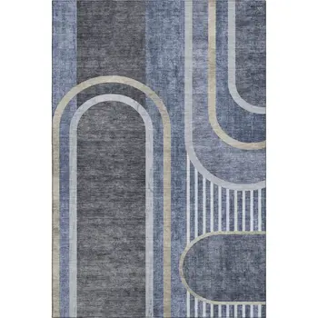 9' X 12' Navy Blue And Khaki Geometric Washable Area Rug With UV Protection