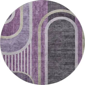 8' Purple And Khaki Geometric Washable Round Rug With UV Protection