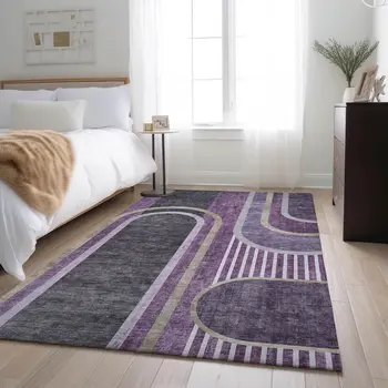 10' X 14' Purple And Khaki Geometric Washable Area Rug With UV Protection