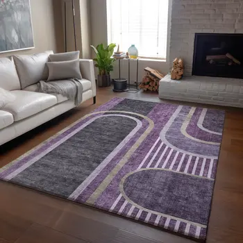 10' X 14' Purple And Khaki Geometric Washable Area Rug With UV Protection