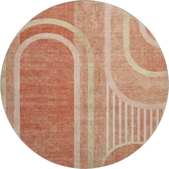 8' Salmon And Beige Geometric Washable Round Rug With UV Protection