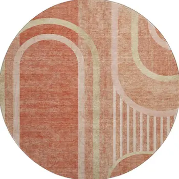 8' Salmon And Beige Geometric Washable Round Rug With UV Protection