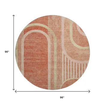 8' Salmon And Beige Geometric Washable Round Rug With UV Protection