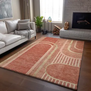 9' X 12' Salmon And Beige Geometric Washable Area Rug With UV Protection
