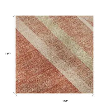 9' X 12' Salmon And Beige Geometric Washable Area Rug With UV Protection