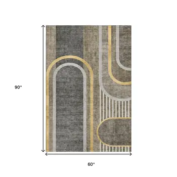5' X 8' Taupe And Gold Geometric Washable Area Rug With UV Protection