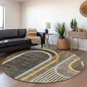 8' Taupe And Gold Geometric Washable Round Rug With UV Protection
