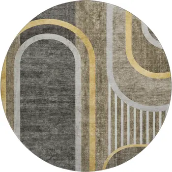 8' Taupe And Gold Geometric Washable Round Rug With UV Protection