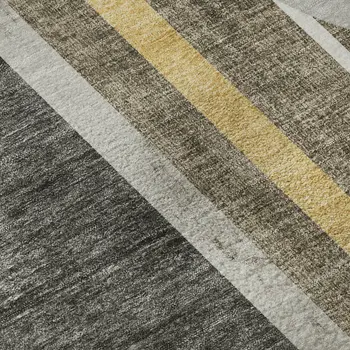 8' Taupe And Gold Geometric Washable Round Rug With UV Protection