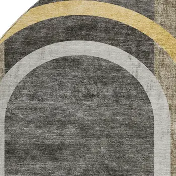 8' Taupe And Gold Geometric Washable Round Rug With UV Protection