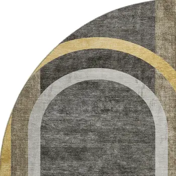 8' Taupe And Gold Geometric Washable Round Rug With UV Protection