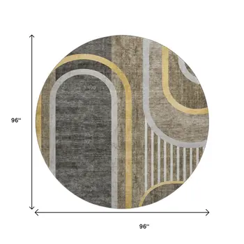 8' Taupe And Gold Geometric Washable Round Rug With UV Protection