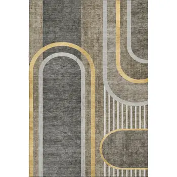 9' X 12' Taupe And Gold Geometric Washable Area Rug With UV Protection