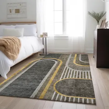 10' X 14' Taupe And Gold Geometric Washable Area Rug With UV Protection