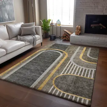 10' X 14' Taupe And Gold Geometric Washable Area Rug With UV Protection